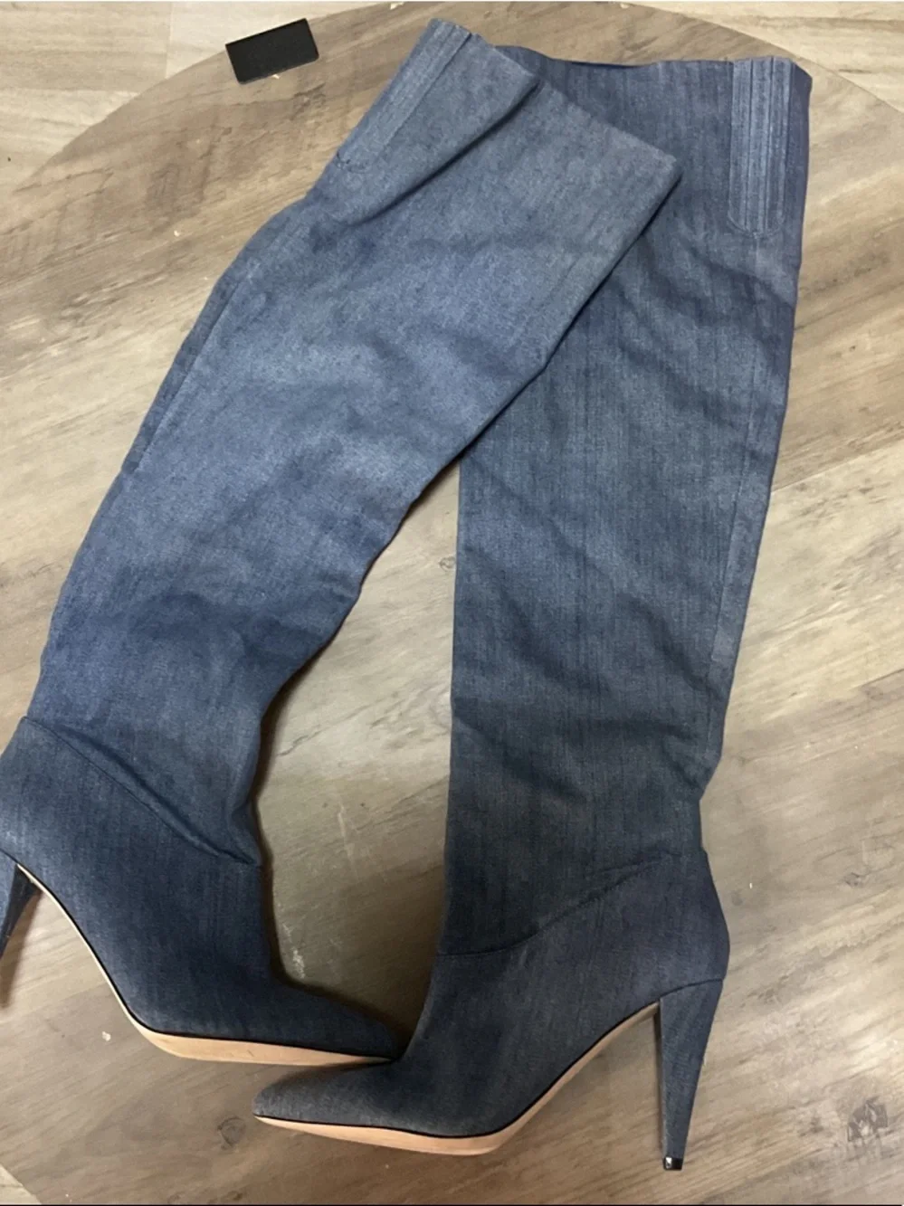 Guess Denim-Style Over-the-Knee Pointed-Toe Heeled Boots in Blue